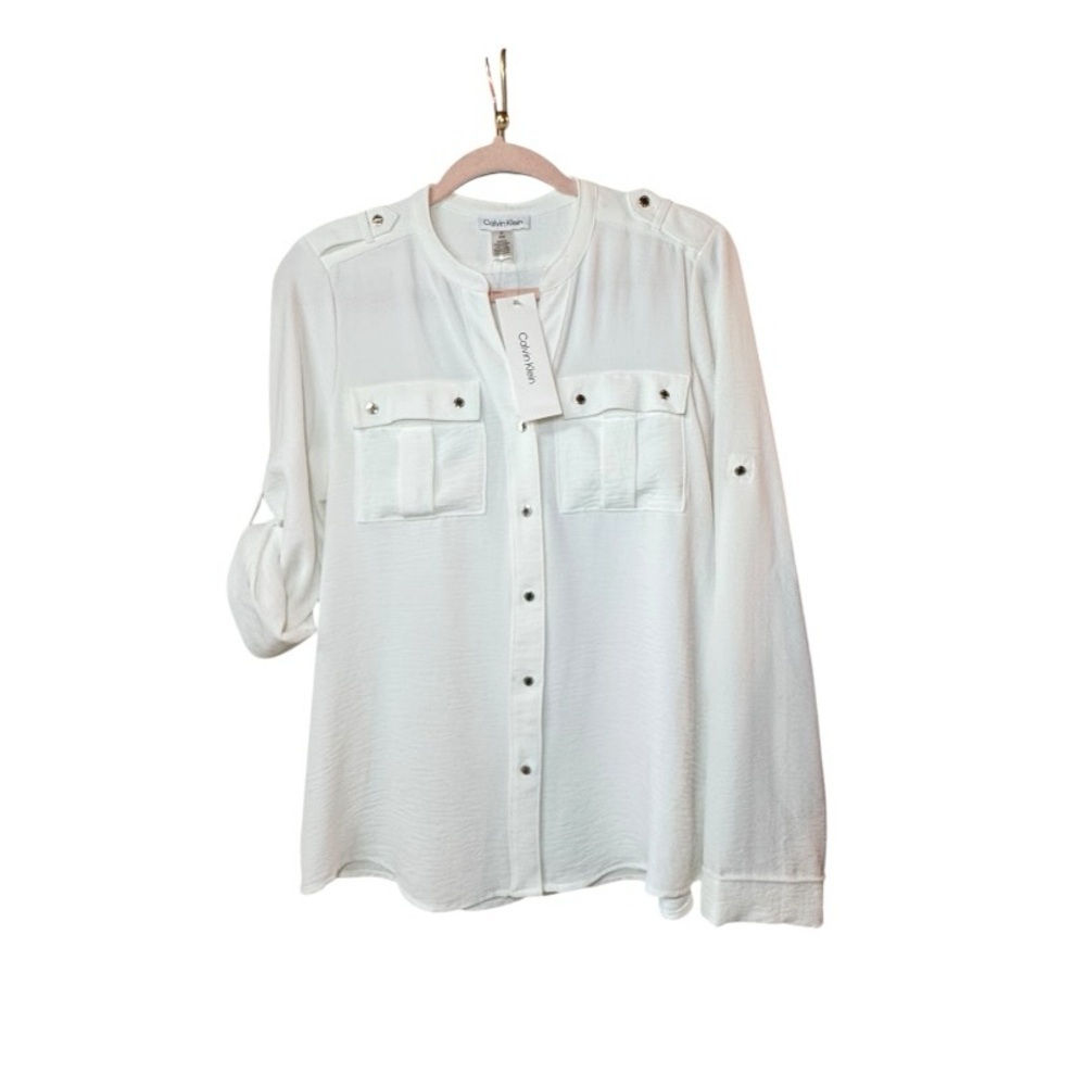 Calvin Klein Soft White Button-Front Roll-Sleeve Blouse M NWT